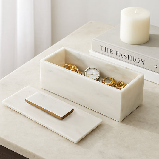Decorative Box for Home Decor with Lid – Elegant Marble Jewelry Box with Gold Handle Perfect for Keepsakes – Sleek Home Organizer and Storage Box for Book Shelf or Vanity Decor – 7" White & Gold