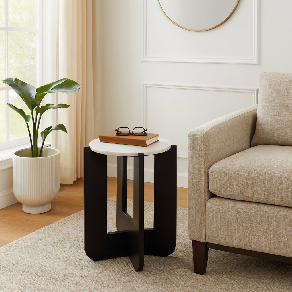 Chic End Table, Side Table, or Small Night Stand for Room Decor - Sturdy Wood Criss-cross Bedside Table with Marble Top for Small Spaces - Accent Table for Bedroom or Living Room - 20" White & Black