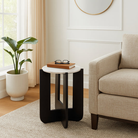 Chic End Table, Side Table, or Small Night Stand for Room Decor - Sturdy Wood Criss-cross Bedside Table with Marble Top for Small Spaces - Accent Table for Bedroom or Living Room - 20" White & Black