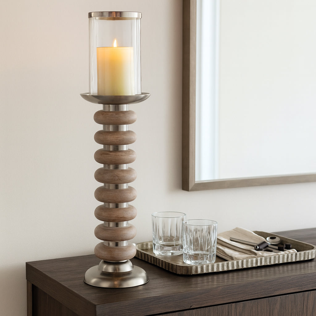 Decorative Candle Holder with Wood Ring Base Accent - Perfect Pillar Candlestick Holder Centerpieces for Table, Entryway, or Bedroom Decor - Elegant Home Decor Candle Stand Holder - 20" Tan & Gray