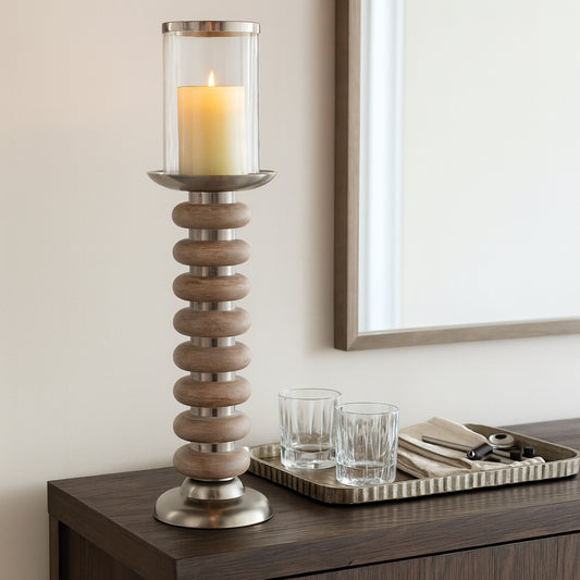 Decorative Candle Holder with Wood Ring Base Accent - Perfect Pillar Candlestick Holder Centerpieces for Table, Entryway, or Bedroom Decor - Elegant Home Decor Candle Stand Holder - 20" Tan & Gray