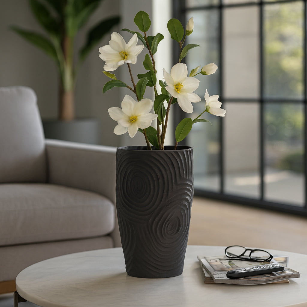 Artistic Large Swirl Texture Vase for Living Room Decor - Decorative Home Accent for Bedroom, Office Spaces, and Table - Modern Sculptural Flower Vase for Shelf and House Decor - 16" Black