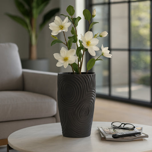 Artistic Large Swirl Texture Vase for Living Room Decor - Decorative Home Accent for Bedroom, Office Spaces, and Table - Modern Sculptural Flower Vase for Shelf and House Decor - 16" Black