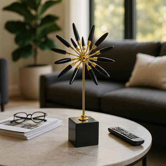 Decorative Crystal Starburst Statue with Base for Home Decor - Stylish Sculpture Accent for Office, Shelf, and Living Room - Modern Ornaments for Bathroom or Coffee Table Decor - 16" Black & Gold