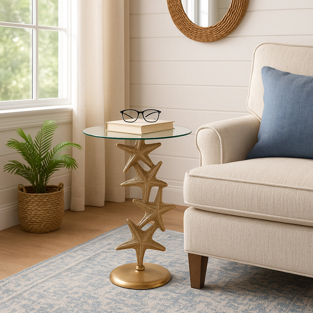 Coastal Accent Table - Metal & Marble - Metallic Finish - Stylish Side Table for Home, Office, Bedroom, Living Room - 25" Gold