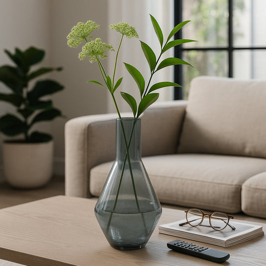 Decorative Small Swirl Glass Vase for Living Room Decor - Minimalist Home Decor Accent for Bedroom Styling, Office, and Table Decor - Perfect House Vase for Shelf or Mantel Display - 15" Blue