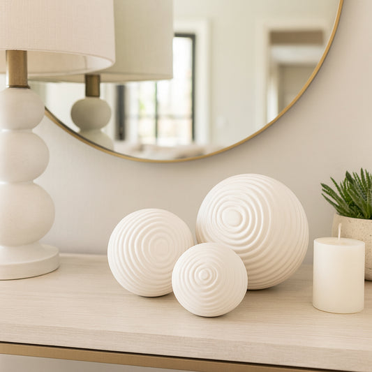 Home and Office Ornaments for Living Room Decor – Ceramic Spheres with Textured Ring Pattern – Minimalist Home Decor Orbs for Shelf, Office, Coffee Table, or Bathroom Set of 3 – 6", 5", 4" White