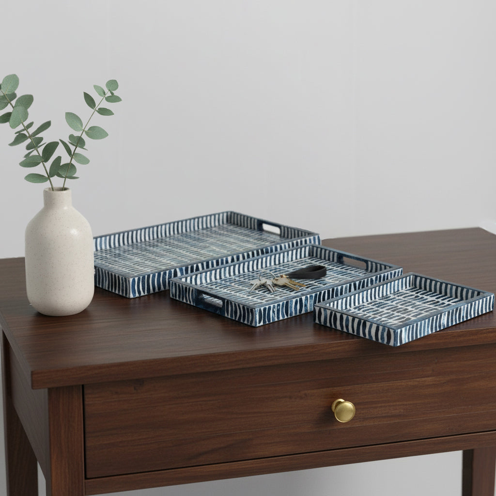 House Decor Trays for Bed or Coffee Table – Coastal Trays with Unique Brushstroke Design for Jewelry, Trinket, or Bathroom Vanity – Centerpiece Table Decorations Set of 3 – 24", 18", 13" Blue & White