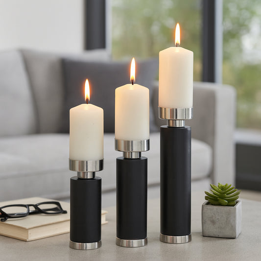Stylish Modern Taper Candle Holders for Home Decor - Decorative Candle Stick Holder for Mantel, Console Table, or Table Centerpiece - Elegant Table Decor and Home Accent Set of 3 - 12", 10", 8" Black