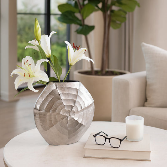 Decorative Flower Vase for Living Room Decor – Modern Metal Shell-Patterned Vase Perfect for Home, Office, Bedroom, or Table Decor – A Contemporary House Centerpiece That Reflects Style – 14" Silver