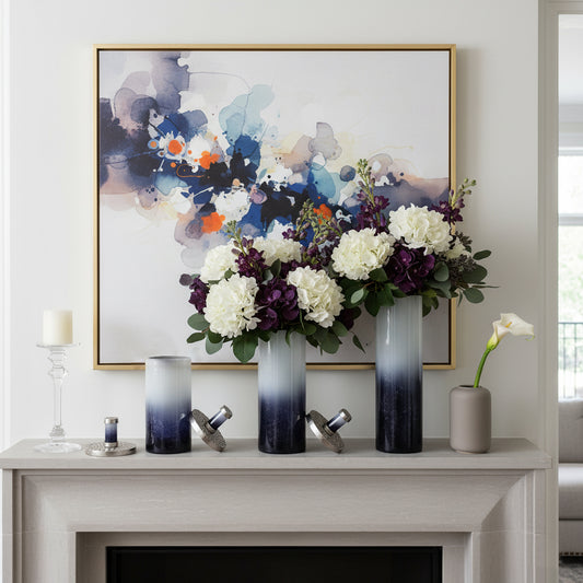 Decorative Glass Bottle Vases with Removeable Lid for Living Room Decor - Contemporary Flower Vases for Entryway, Bedroom, or Home - Perfect House or Office Decor Set of 3 - 23", 19", 15" Blue & White