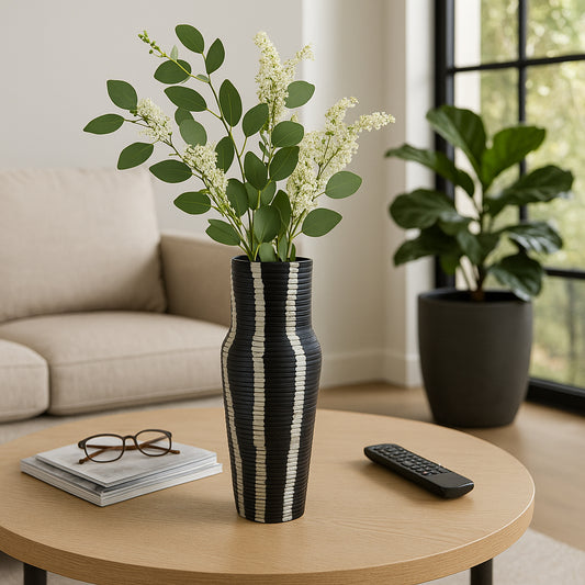 Contemporary Ribbed Metal Vase for Living Room Decor - Decorative Flower Vase Perfect for Bedroom, Home Accent, and Console Table Decor - Stylish House Vase for Office Display - 12" Gray