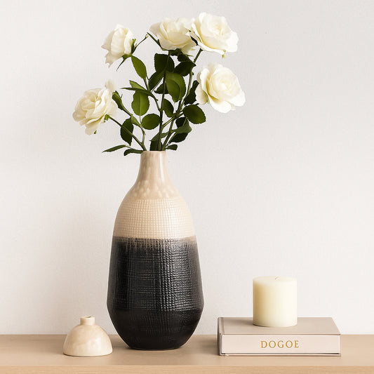 Decorative Two Tone Ceramic Jar with Lid for Living Room Decor - Contemporary Stylish Home Accent for Office Spaces, Coffee Table, and Bedroom - Elegant Flower Vase for House Decor - 18" Beige & Black