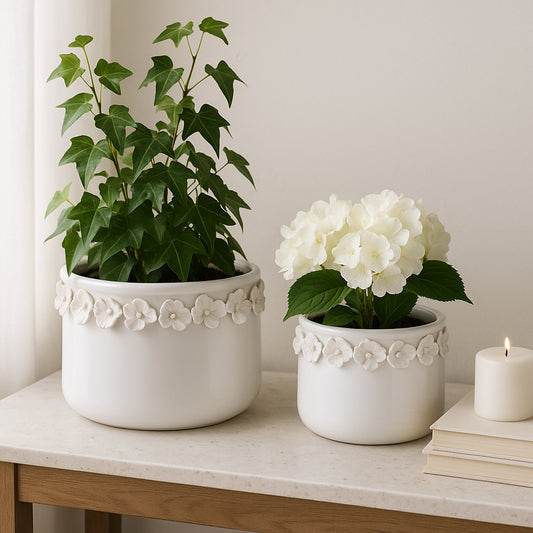Decorative Flower Pot for Home Decor – Ceramic Indoor or Outdoor Planter with Sculpted Floral for Succulents or Houseplants – Pot for Plants for Garden, Patio, or Room Decor; Set of 2 – 7", 6" White
