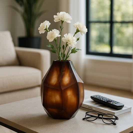 Decorative Sculptural Geometric Glass Vase for Living Room Decor - Contemporary Flower Vase for Bedroom, Office Accent, and Home Decor - Stylish House and Tabletop Decoration - 10" Brown