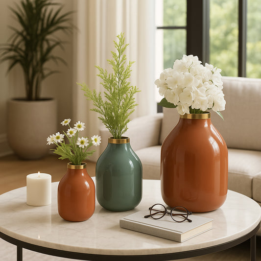 Contemporary Metal Bottle Vase for Living Room Decor - Decorative Flower Vase Perfect for Home Accent, Bedroom, and Office - Elegant House Decor for Table Centerpiece Set of 3 - 12", 9", 7" Terracotta