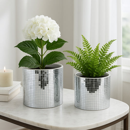 Flower Pots for Home Decor – Mosaic Planters for Indoor and Outdoor Succulents, Herbs, or Houseplants – Decorative Plant Pots for Living Room, Bedroom, Garden, or Patio Set of 2 – 7", 6" Silver