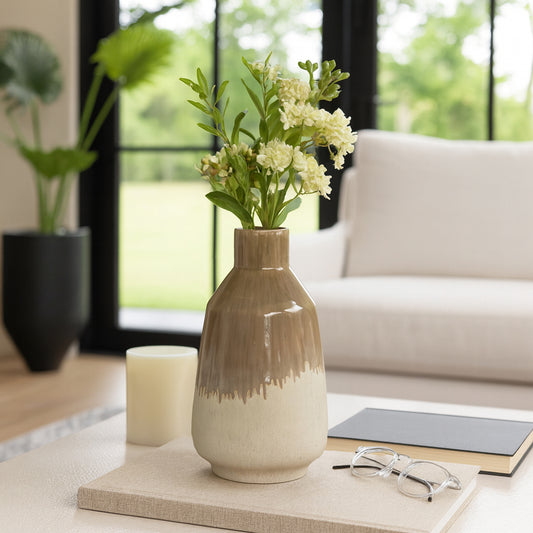 Ceramic Flower Vase for Living Room – Decorative Home and Office Decor with Artistic Drip Glaze for Pampas Grass or Fresh Flowers – The Vase That Completes Your Bedroom, Shelf, and Table – 14" Brown