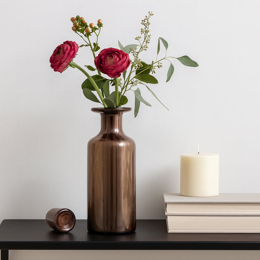 Decorative Frosted Glass Bottle Vase with Removeable Lid for Living Room Decor - Contemporary Stylish Flower Vase for Flowers, Bedroom, and Home - Elegant Accent for Table or House Decor - 15" Brown